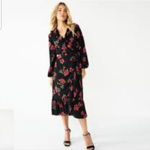 Draper James Dresses & Skirts - Draper James Rsvp Floral Black and Red Wrap Tie Women's Rayon Dress Size Large